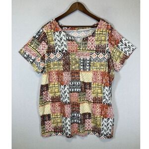 Boho Tribal Woman Within Womens 1X Multicolor Patchwork Notched V-Neck Tunic Top